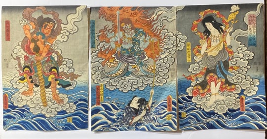 Original Toyokuni III/Kunisada (1786 - 1864) Japanese Woodblock Tryptich Honchomaru's Rescue, 1851