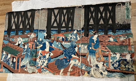 Fireworks at Ryogoku Bridge" by Utagawa Kuniyoshi Japanese woodblock print Tryptich