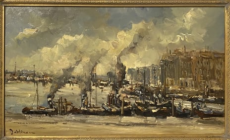 Impressionist Harbor Scene Oil Painting Mystery Artist Signed Belgian Fram