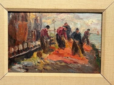 Modernist industrial dock workers oil painting Mystery Artist