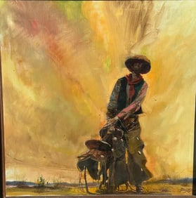Neil (James Neil) Boyle (1931 - 2006) Oil Painting of a Coiwboy with saddle Signed