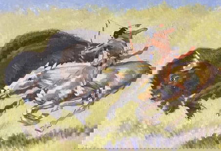 Ruth Monro Augur Indian on a Buffalo Hunt WPA Artist Rare: Ruth Monro Augur Indian on a Buffalo Hunt WPA Artist Rare..Oil on canvas on board.. 12”X 16”..with frame 18" x 24"---