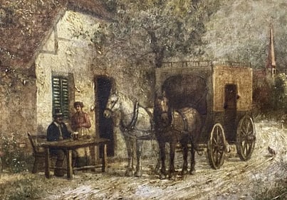 Anton Burger (1824 - 1905).. Oil Painting Horses with Coach and people by House