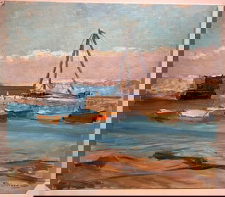 Paul Beaden Hudder (1897 - 1991) Oil Painting Coastal Harbor
