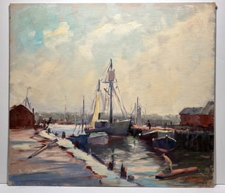 Paul Beaden Hudder (1897 - 1991) Oil Painting Coastal Harbor