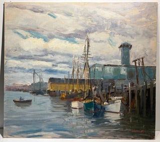 Paul Beaden Hudder (1897 - 1991) Oil Painting Coastal Harbor
