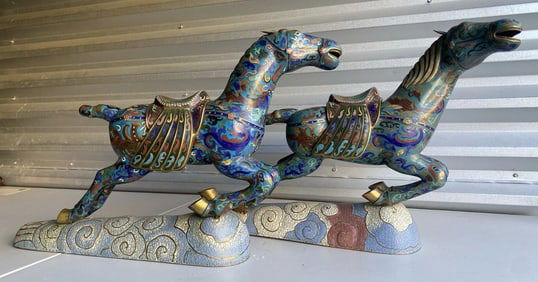 Chinese Cloisenne Galloping Horse Censer Pair Non Matching Vintage Republic