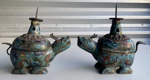 Chinese Cloisenne Censer Pair Mythical Creatures Rare Old Qing Period
