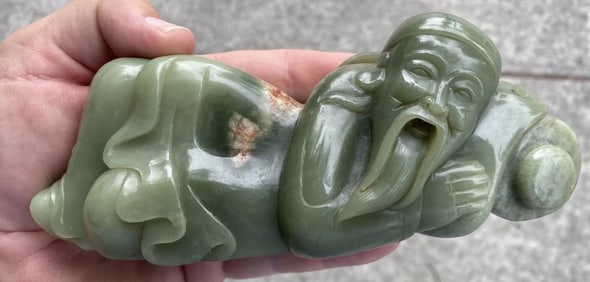 Very Finley Carved Green And Russett Jade Figure Highly Detailed 7” Long