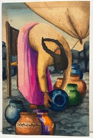 Mexican Modernist watercolor painting signed C Levin D