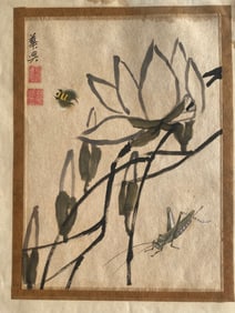 Vintage Chinese watercolor Painting with a Grasshopper and Bee Signed