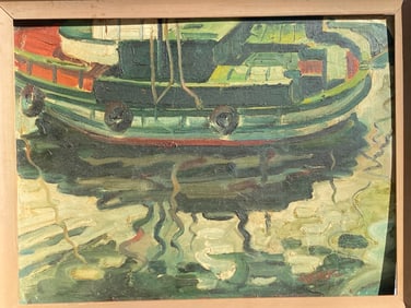 Modernist oil painting signed Boat in harbor Mystery Artist