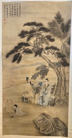 Antique Chinese Scroll Painting with seated figures calligraphy Signed