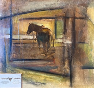 Oil Painting on Illustration board Horse in a Barn Old Trailside Galleries label Signed?