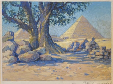 Impressionist Gouache Mixed Media Painting of Egypt Pyramids Signed