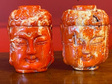 Two Chinese Carved Coral Buddha Snuff Bottles