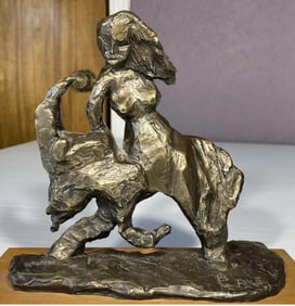 Vintage Modernist Brutalist Bronze Sculpture Girl On Ram Signed Blake ? Mystery