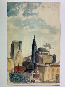 Modernist mid century industrial watercolor painting of cityscape Signed M May Gray