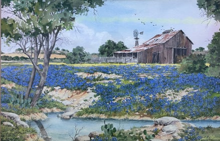 Jodie Boren watercolor Painting Texas Bluebonnet landscape with barn 1976