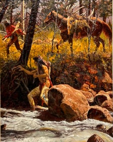 John R. Phelps Oil Painting of Native Americans by a stream Signed