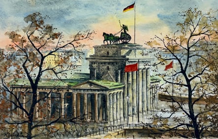 Brandenburger Gate watercolor painting Berlin Germany. Artist? Signed