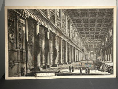 Giovanni Battista Piranesi Etching Interior view of the Basilica of S. Maria Maggiore: Giovanni Battista Piranesi Etching Interior view of the Basilica of S. Maria Maggiore..Etching on ivory laid paper..Circa 1768..17” x 26 3/4”::PLEASE NOTE: the pictures have some color whi