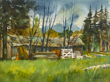 Bruce Wallace Butte (1920 - 2013) Watercolor painting  wooded landscape with cabin