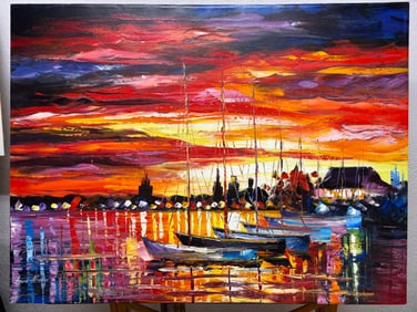 Leonid Afremov (Born 1955) Large coastal Sunset painting sail boats Florida