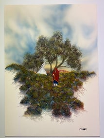 Robert Redbird Kiowa Original Painting surrealist Tepee with trees and Native