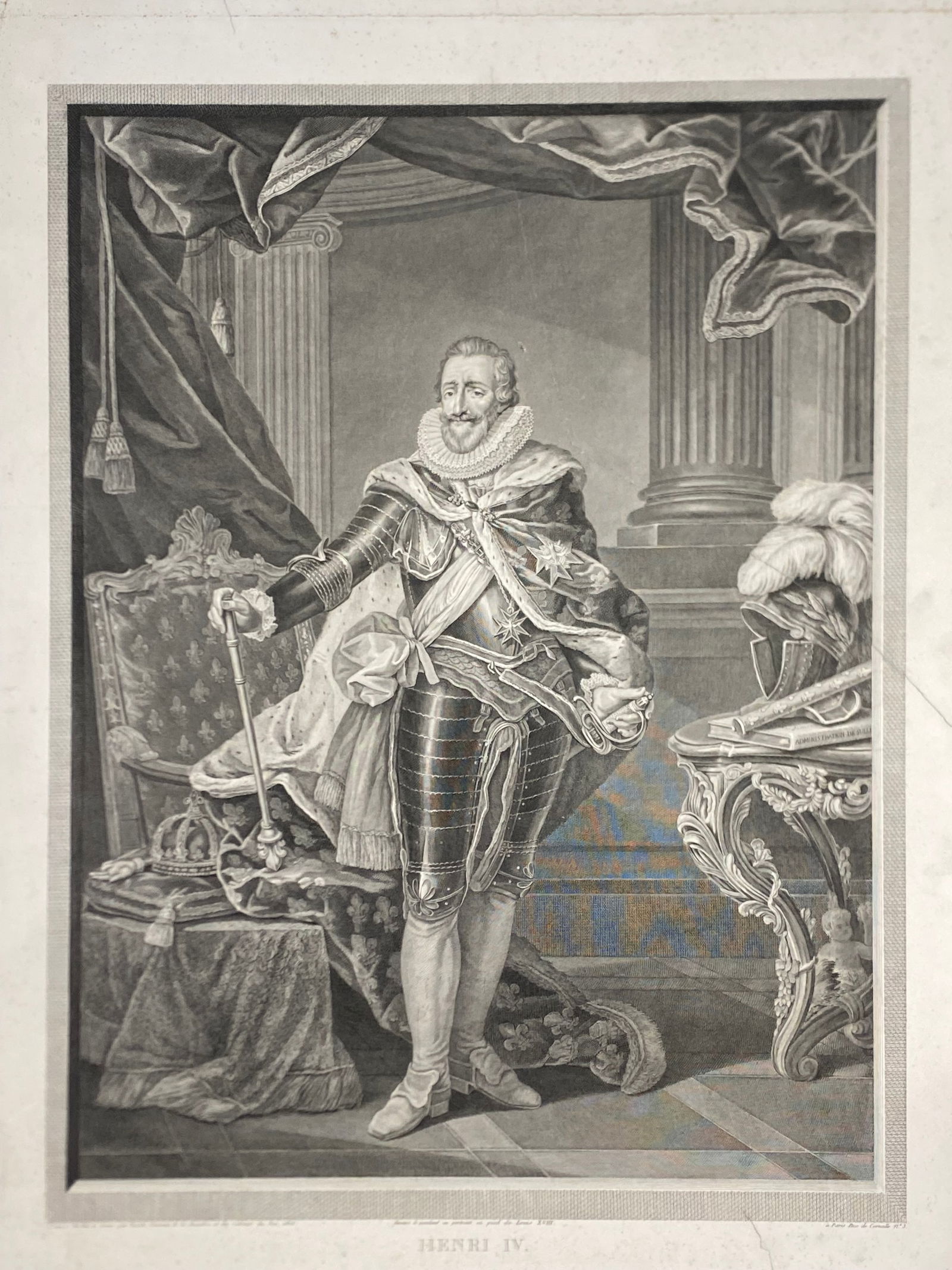 Old Masters Engraving Print Henry IV: Old Masters Print..Size is 20” x 26 1/2”..total with margins 25” x 35”.. Has been laid down on mat board.Our Starting price and estimate may not be accurate as related to the