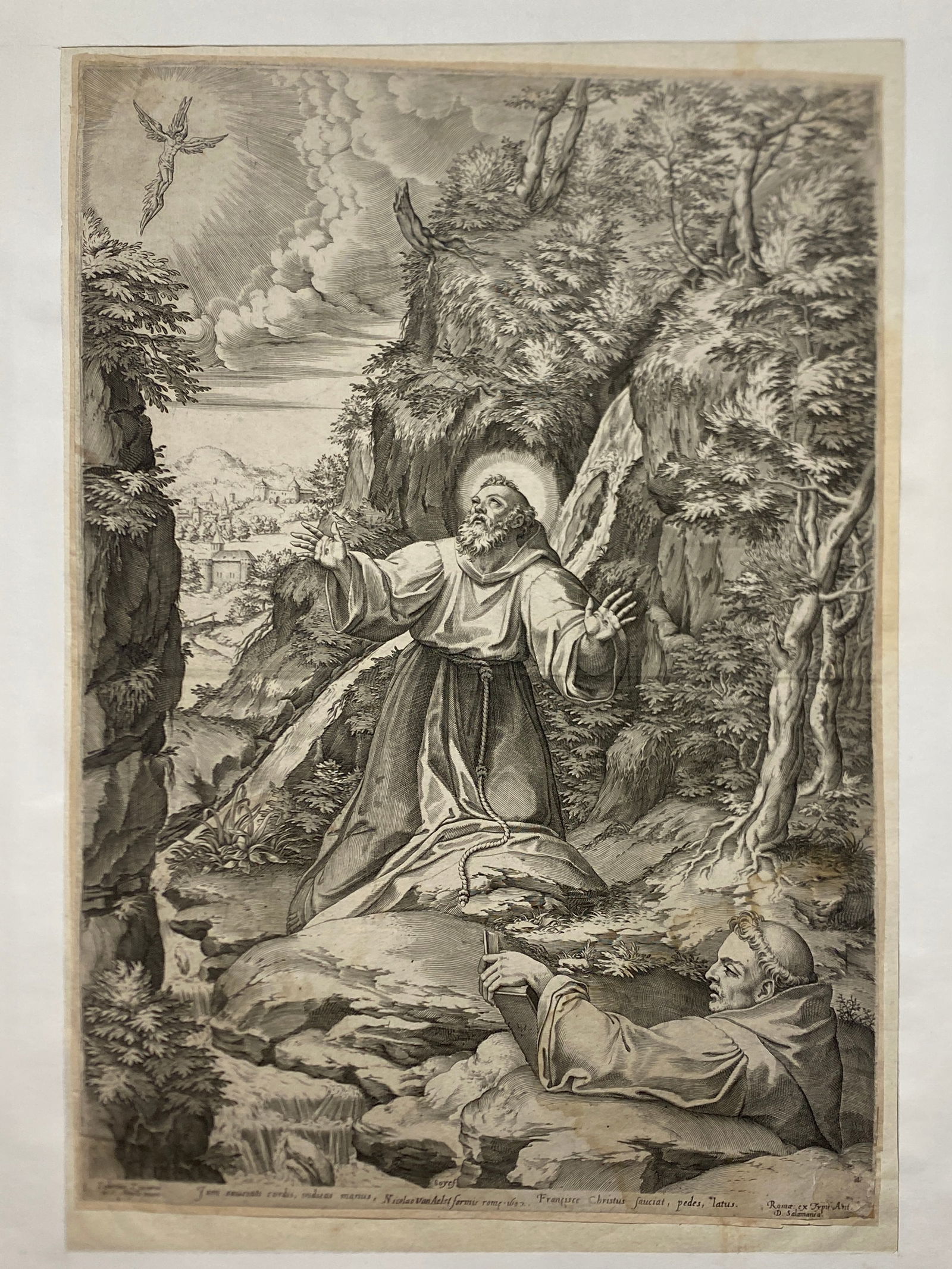 Jacopo Zuccaro, Philippe de Soye , Francis of Assisi receives the stigmata Old master Engraving: Jacopo Zuccaro, Philippe de Soye , Francis of Assisi receives the stigmata Old master Engraving …aprox 11 3/4” x 17”..Francis of Assisi receives the stigmata. Large engraving after a pai