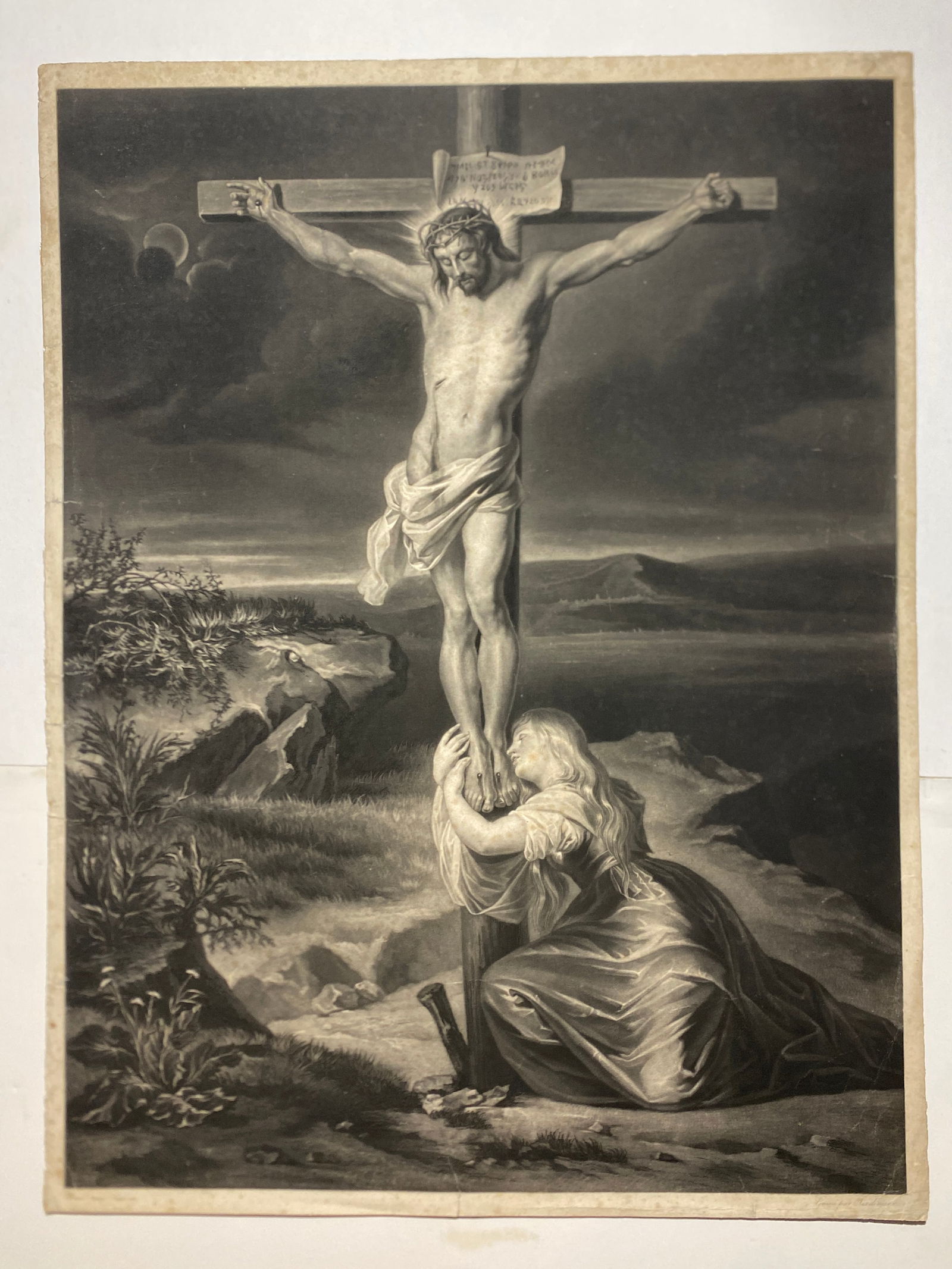 Peter Paul Rubens extremely RARE Engraving Christ on the Cross with Mary Old Masters: Peter Paul Rubens extremely RARE Engraving Christ on the Cross with Mary Old Masters —-Total size with margin.. 20 1/2” x 27–Has repairs.. see pics..We tried to find another example of this