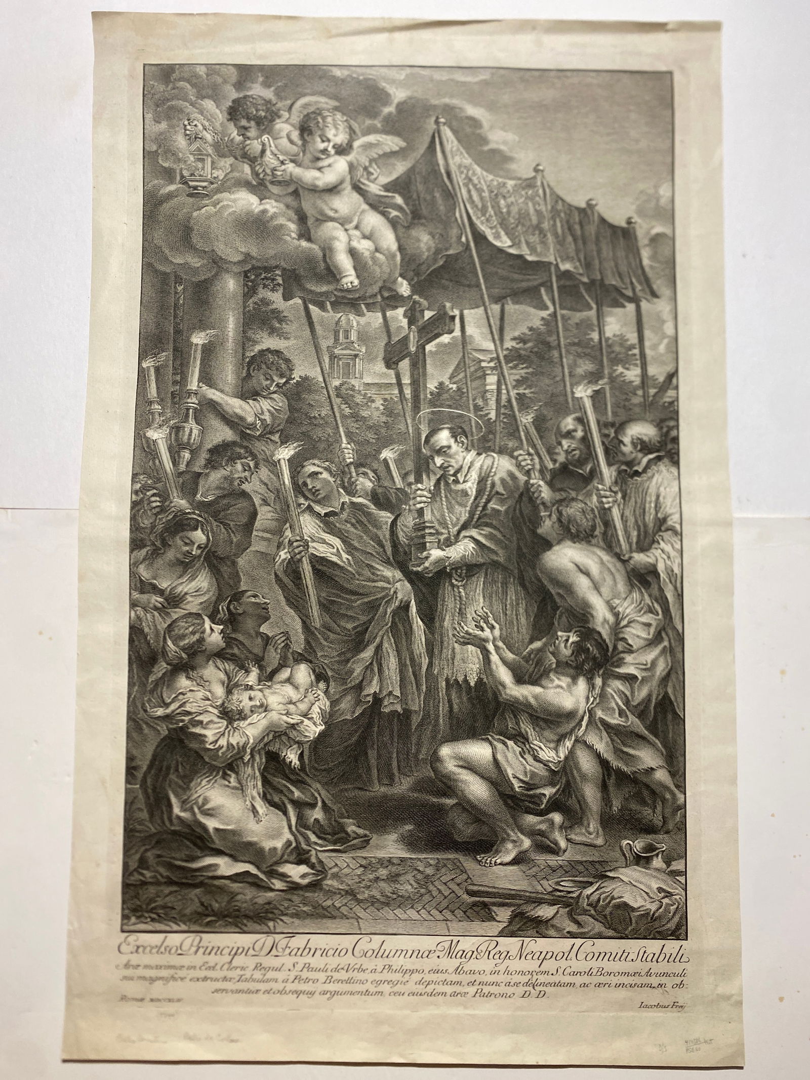 Saint Carlo Borromeo engraving y Jacob Frey, 1749, after Pietro da Cortona: Saint Carlo Borromeo, with a rope around his neck, carrying a cross through the plague-ridden streets of Milan in 1576. Engraving by J. Frey, 1749, after Pietro da Cortona..Total size with margins- 18