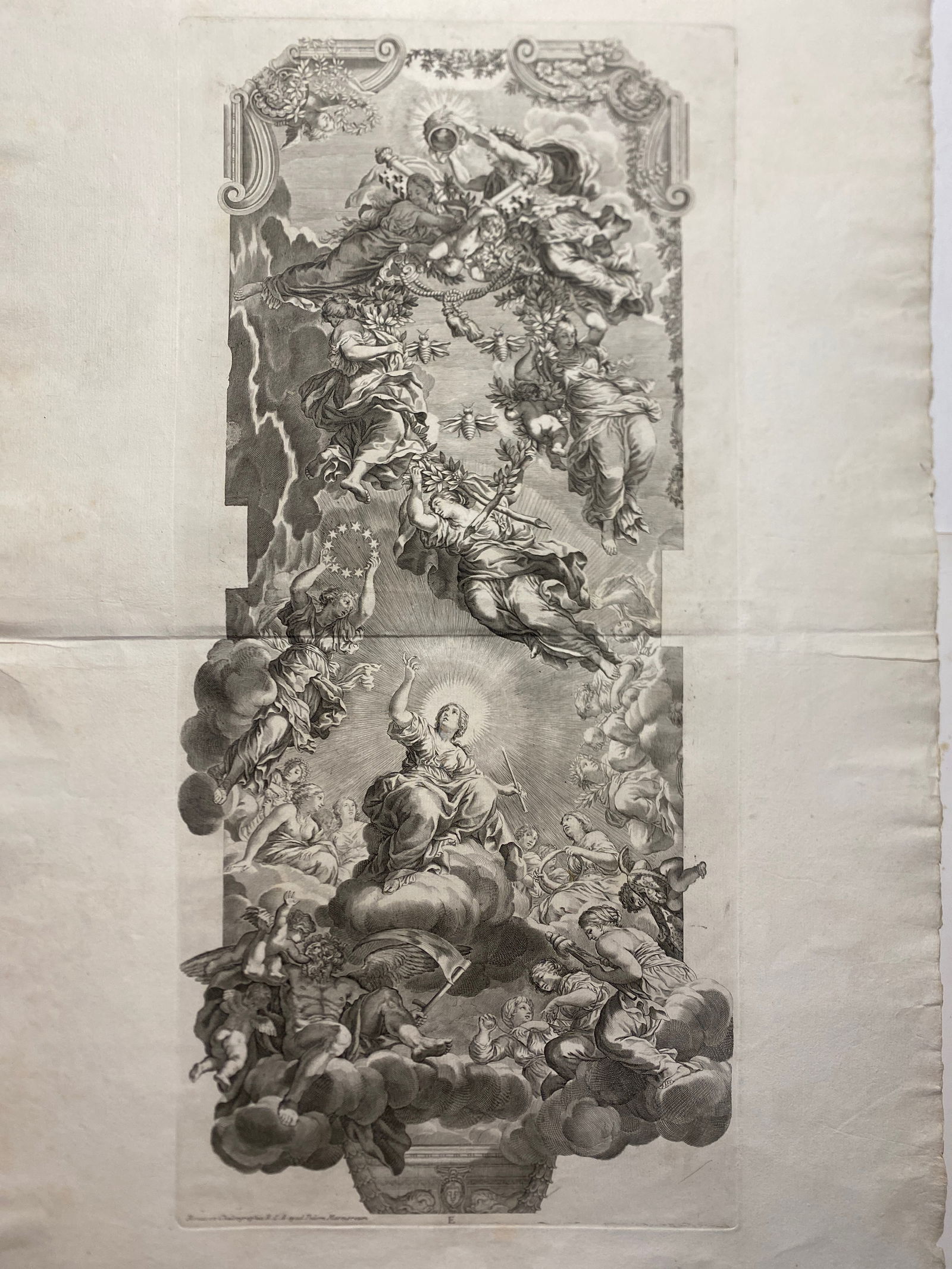 Allegory of Divine Providence Engraving aft Pietro da Cort , Cornelis Bloemaert: Allegory of Divine Providence as seen in the deeds of Urban VIII, after the fresco by Pietro da Cortona on the ceiling of the salone of the Palazzo Barberini in Rome. c.1642Engraving..Total size with