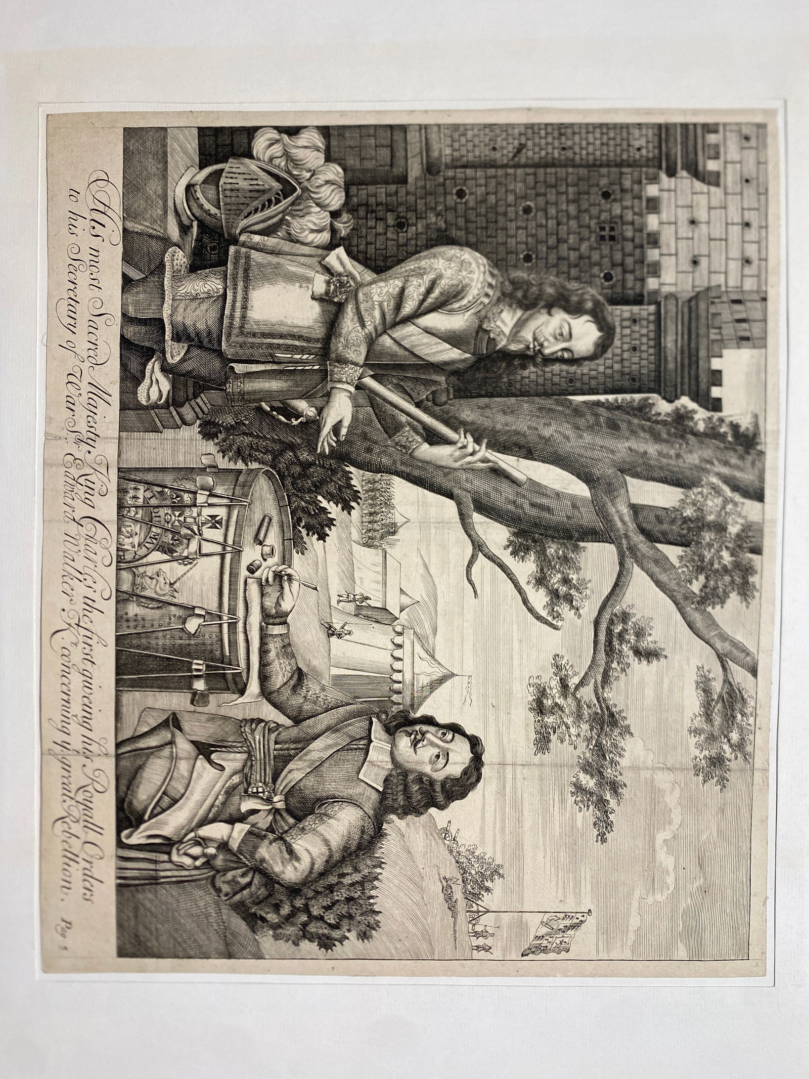 King Charles I giving orders to Sir Edward Walker during the English Civil War. Engraving, 1705: King Charles I giving orders to Sir Edward Walker during the English Civil War. Engraving, 1705…Size is 11 1/2” x 13 5/8”—-Our Starting price and estimate may not be accurate as