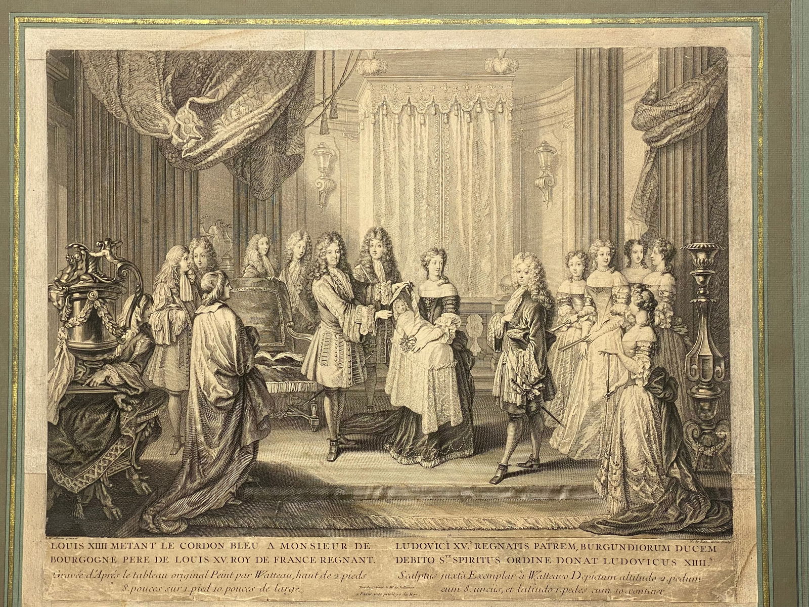 engraving of Louis XIV Bestowing the Cordon Bleu on the Infant Duc de Bourgogne: Louis XIV Bestowing the Cordon Bleu on the Infant Duc de Bourgogne, Father of Louis XV, King of France, 1729after Antoine Watteau; Engraver: Nicholas de Larmessin III; Engraver: or Nicholas de