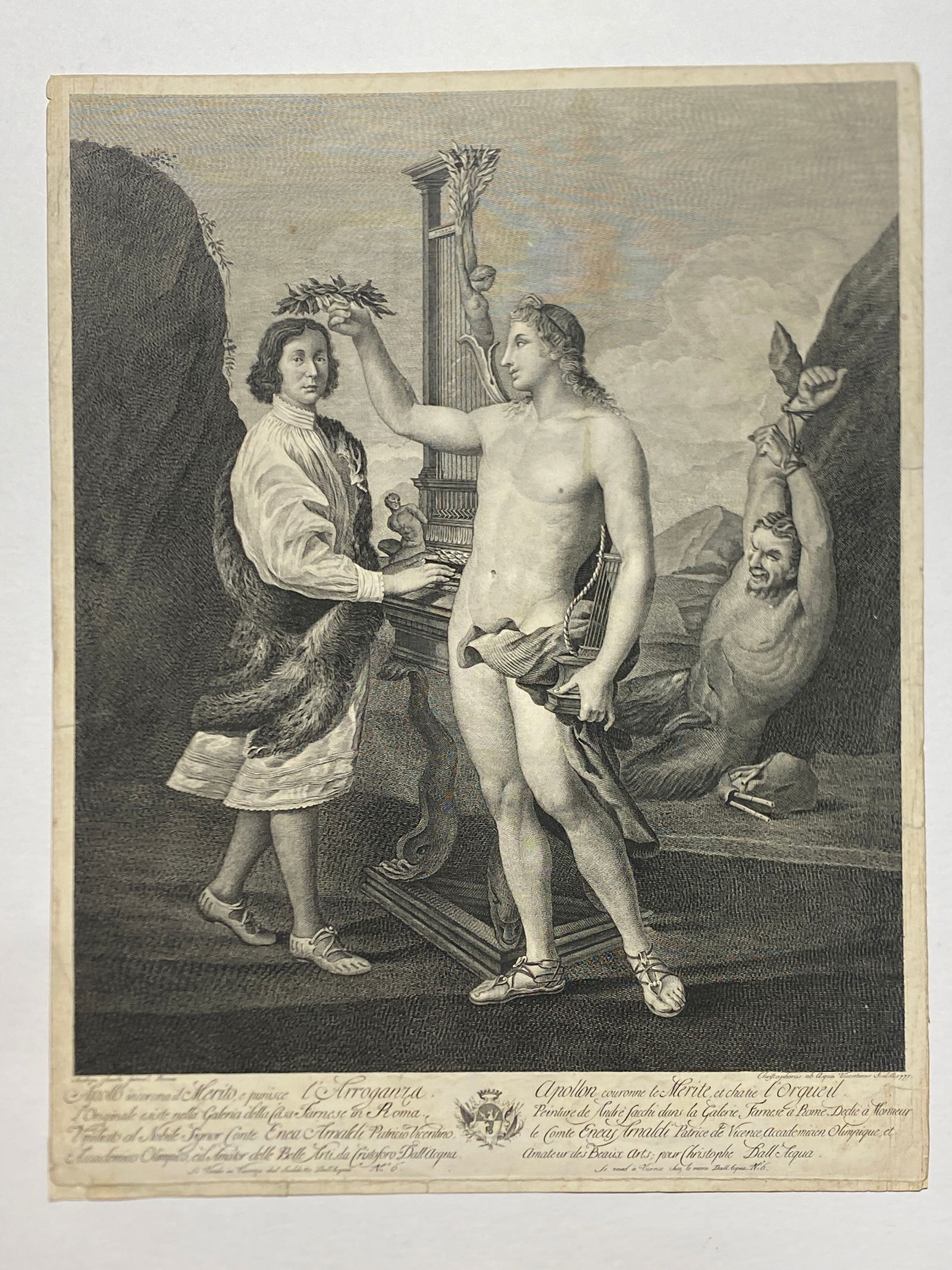 CRISTOFORO DALL’ACQUA (1734-1787) DA ANDREA SACCHI (1599 CA. - 1661) APOLLO CROWNS MERIT AND: CRISTOFORO DALL’ACQUA (1734-1787) DA ANDREA SACCHI (1599 CA. - 1661) APOLLO CROWNS MERIT AND PUNISHES ARROGANCE..Total size is 15 3/4” x 20”..Old Masters Print..Our Starting price and