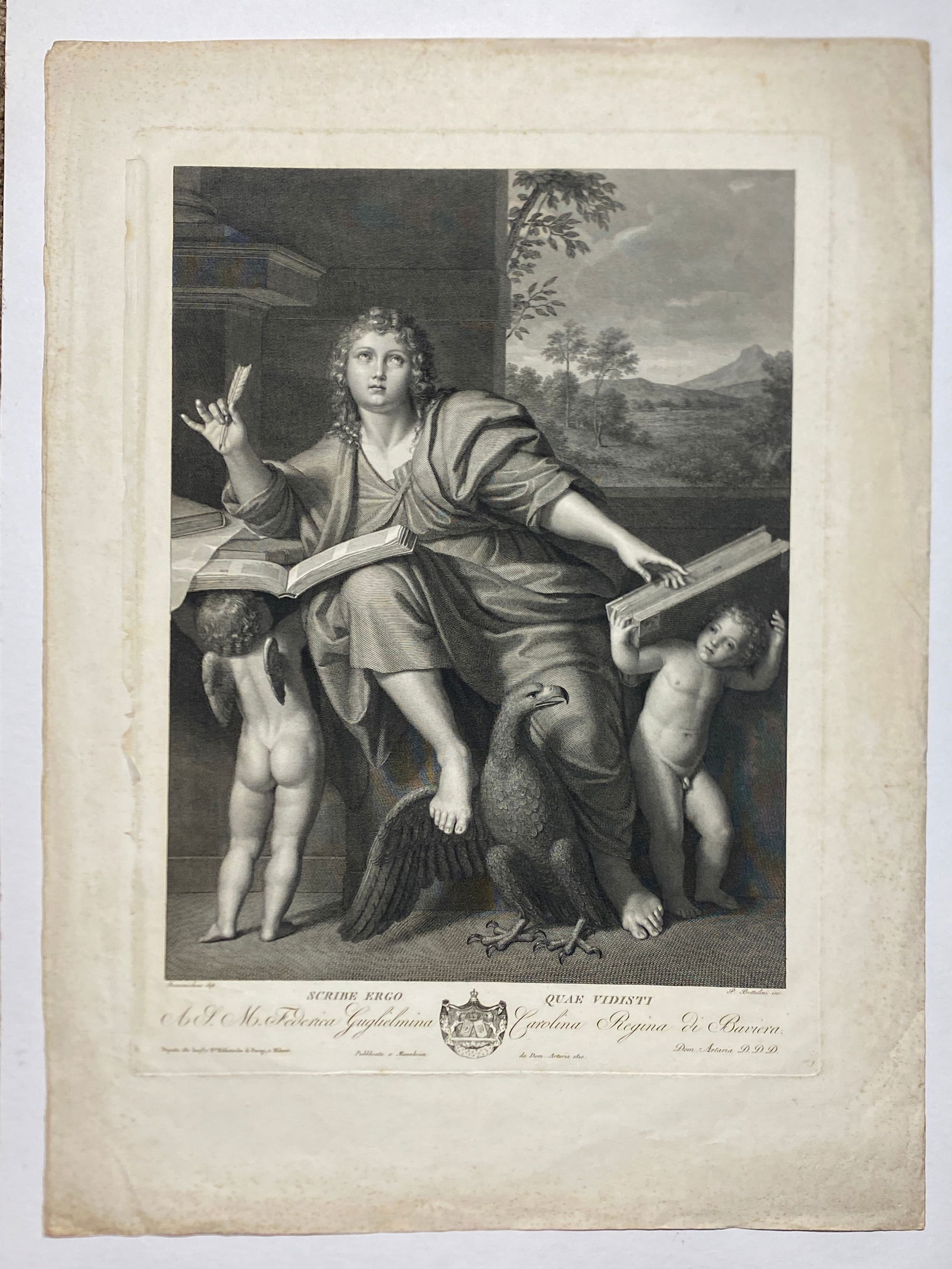 Old Masters engraving St. John the Evangelist; After Domenichino: Old Masters engraving St. John the Evangelist; After Domenichino..Size with margins 19 1/2” x 26”——Old Masters Print..Our Starting price and estimate may not accurate as related to