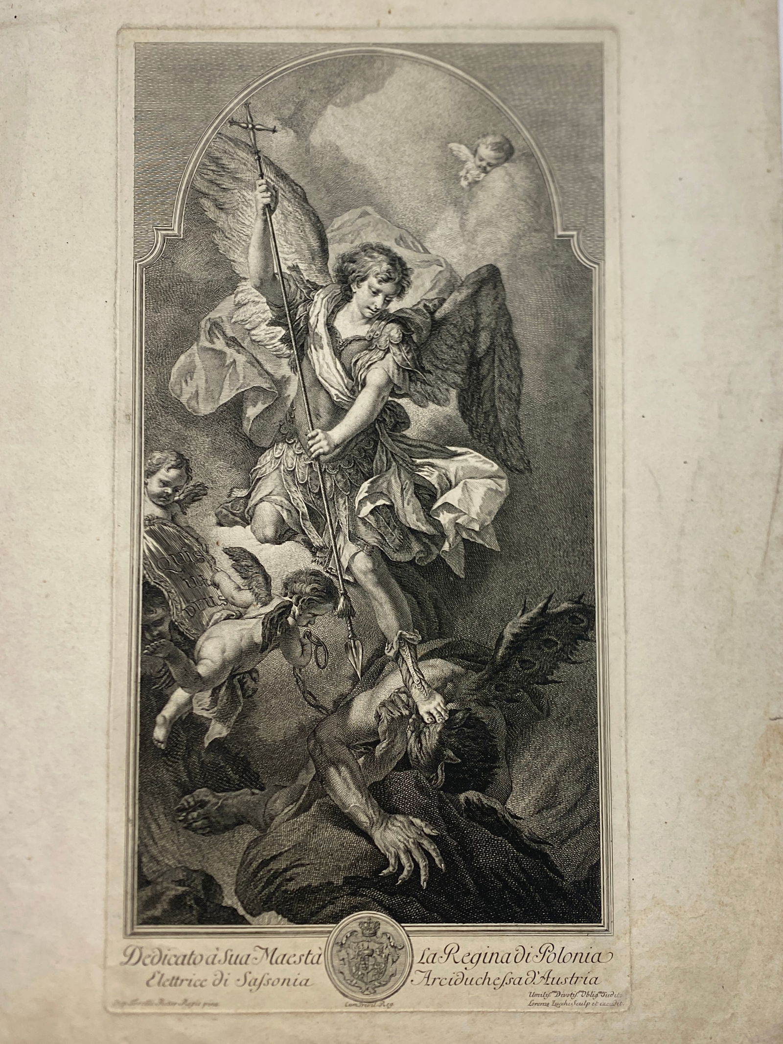 The Archangel Michael defeats Satan Artist and publisher Lorenzo Zucchi Italian After Stefano Torell: Very Rare.. Only a few in Museum collections including the MET..The Archangel Michael defeats SatanArtist and publisher Lorenzo Zucchi ItalianAfter Stefano Torelli Italian—Size 16 3/4” x 22 3/