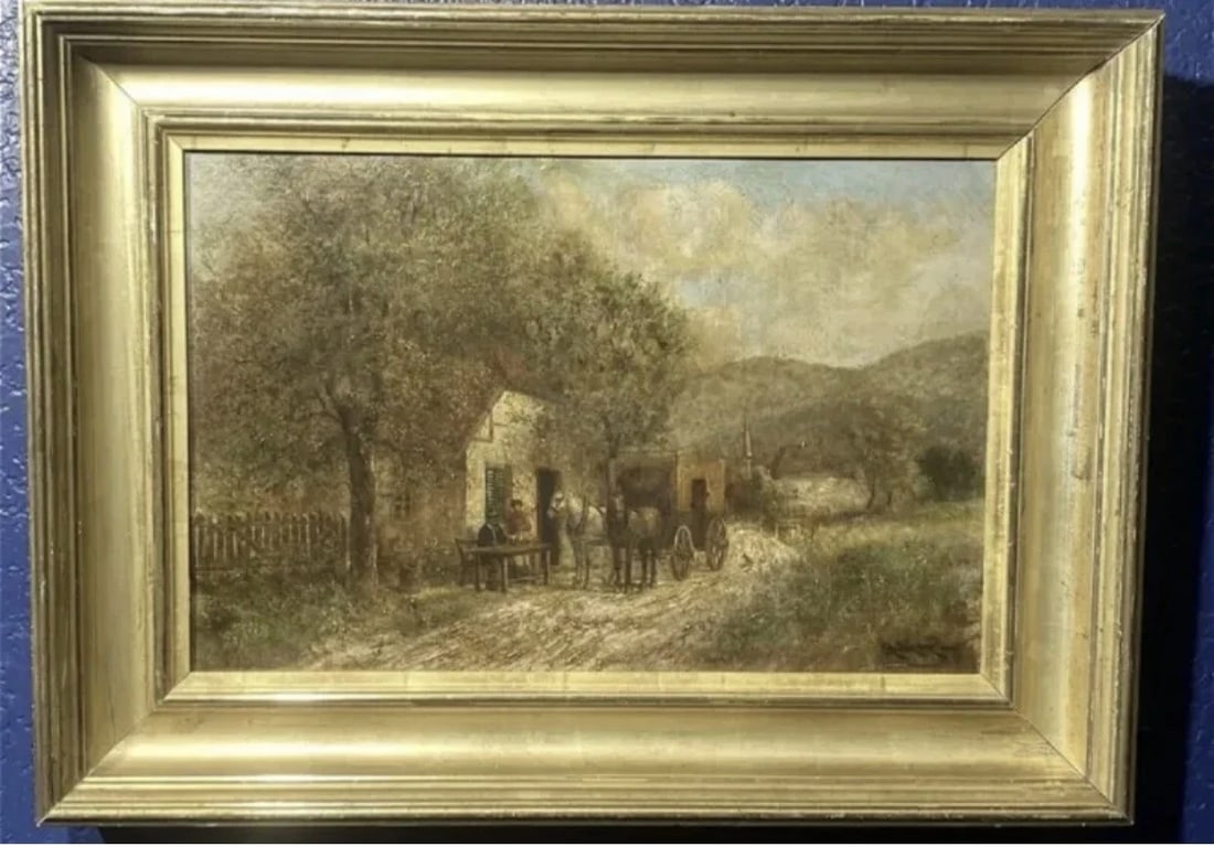 Anton Burger (1824 - 1905).. Oil Painting Horses with Coach and people by House (1 of 1)