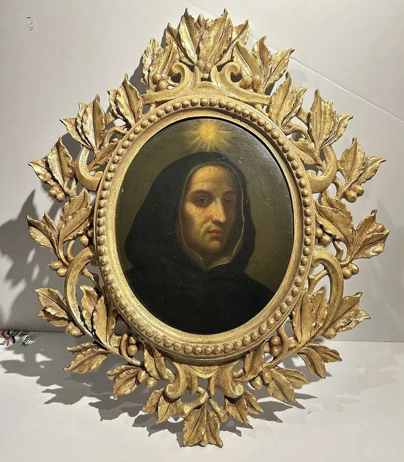 Portrait of Fra Angelico By Carlo Dolci Amazing Period Italian Frame Florence: Portrait of Fra AngelicoCarlo DolciFlorence Italy amazing period Italian Frame..Portrait size is 8” x 9 1/2”..The painting is on a wood panel and has a Paper or cardboard mounted to the ba
