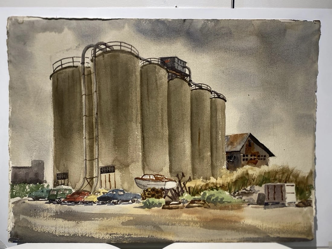Modernist Mystery Artist Large Watercolor If Grain Elevators Cars And Boat 1930s: Modernist Mystery Artist Large Watercolor If Grain Elevators Cars And Boat 1930sSize is 22” x 30”Heavy watercolor paper