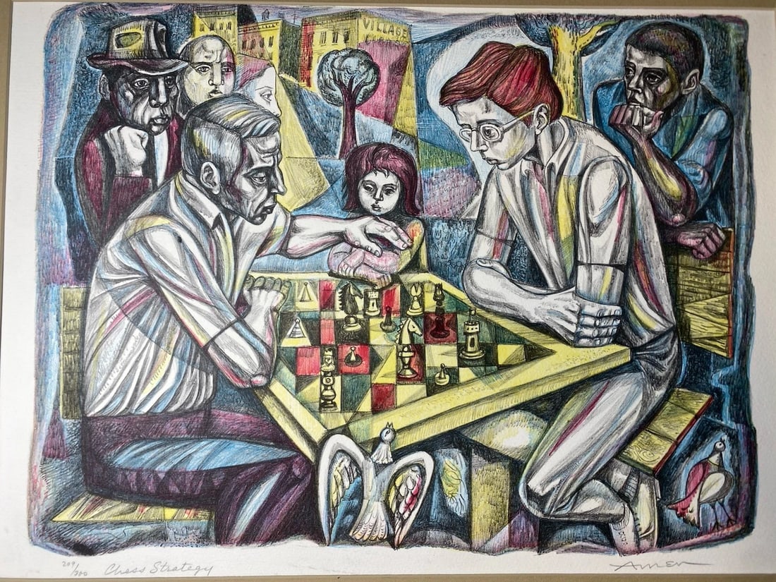 Irving Amen Original Color Lithograph Titled Chess Strategy Limited Pencil Sign: Irving Amen Original Color Lithograph Titled Chess Strategy Limited Pencil SignedGood condition.. very bright colors..Image size to the mat is 14” x 19”..
