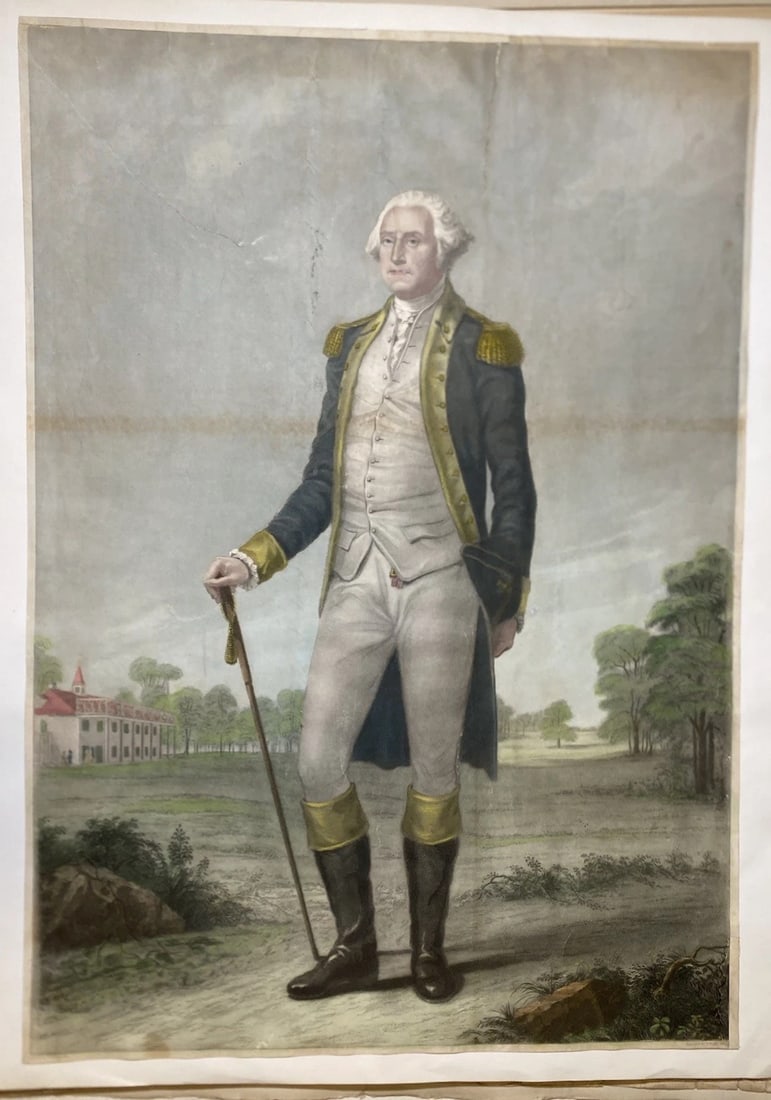 Very Rare Colored Engraving Hicks Wright Standing Portrait George Washington: Very Rare Colored Engraving Hicks Wright Standing Portrait George WashingtonTotal Size with margin is 17 1/2” x 24 5/8”..The view is based on a painting by Thomas Hicks 1823-1890 and was e