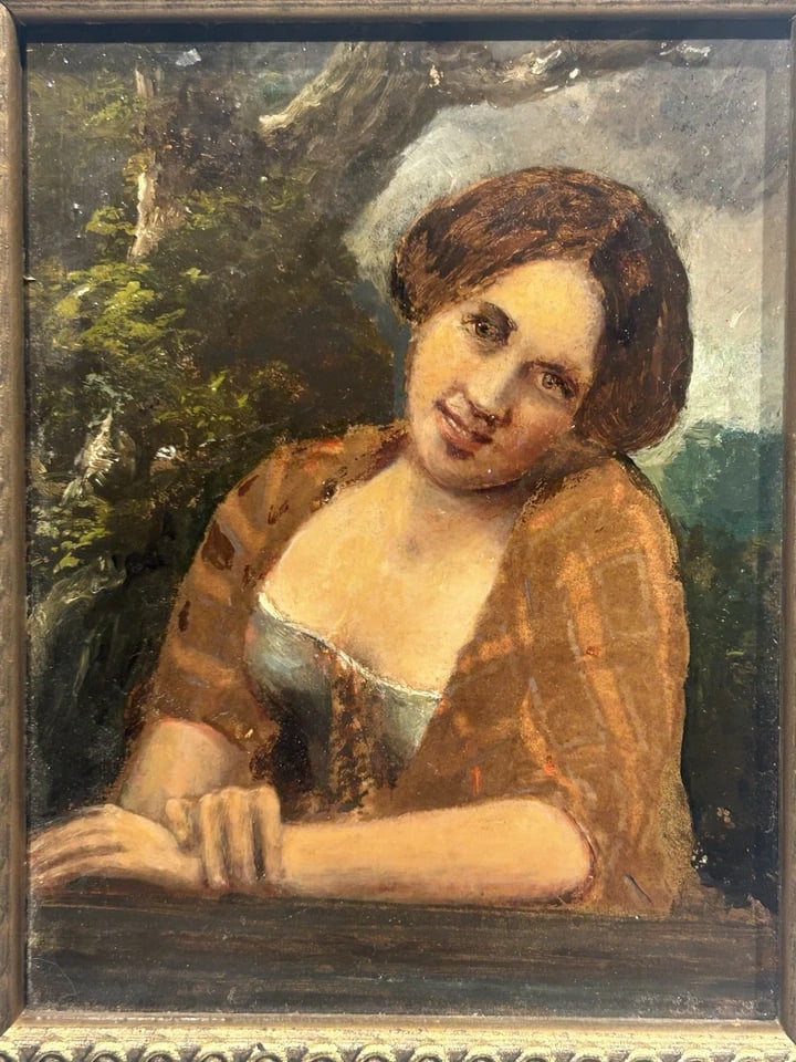 Antique Oil Painting Signed On Back Label R. Burrows Girl Laughing: Antique Oil Painting Signed On Back Label R. Burrows Girl LaughingOil on board with original label..Size is. 5 1/2” x 6 3/4.Good condition