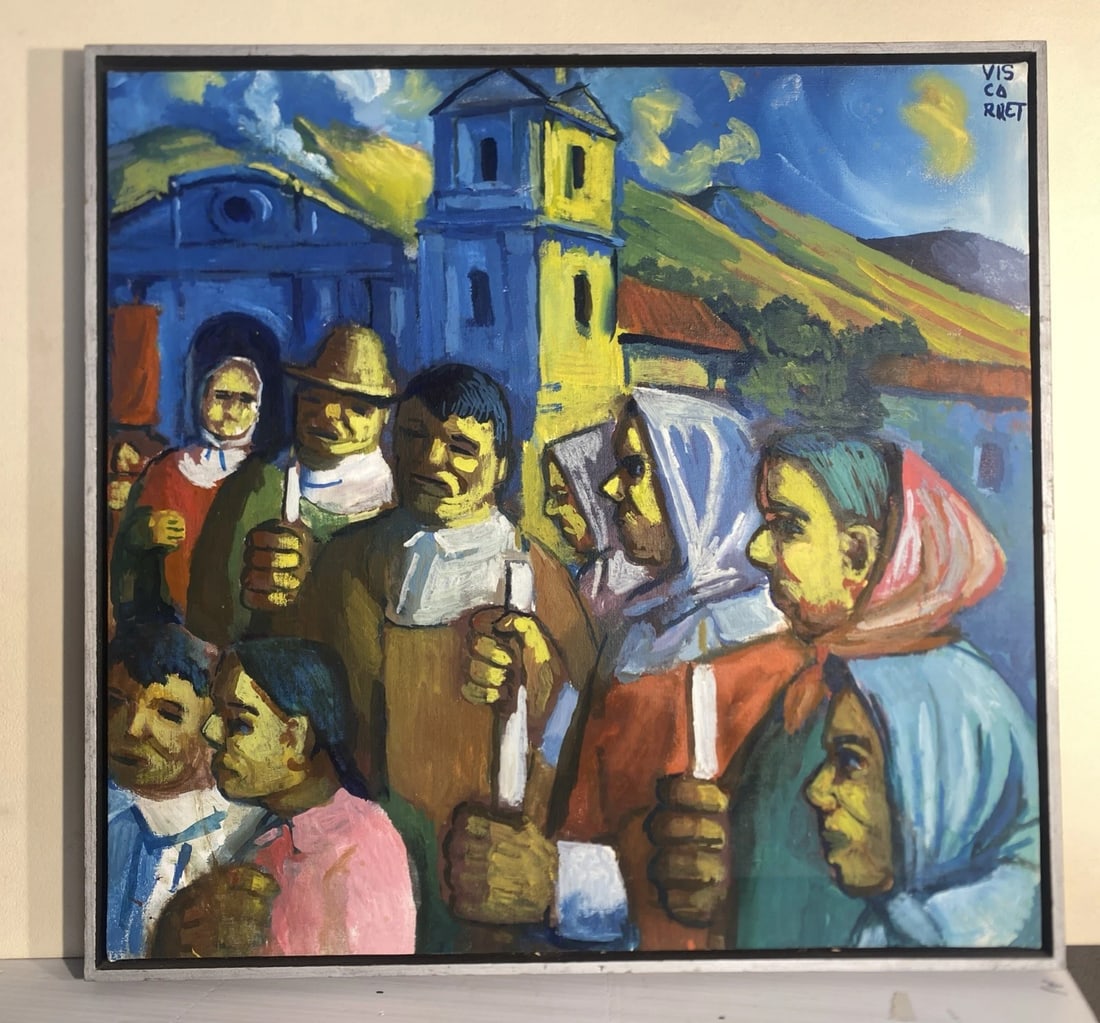 Modernist Mystery Artist Signed Figures By Market Or Mission New York Gallery: Modernist Mystery Artist Signed Figures By Market Or MissionSize is 23” x 26”Excellent condition..Old New York gallery label