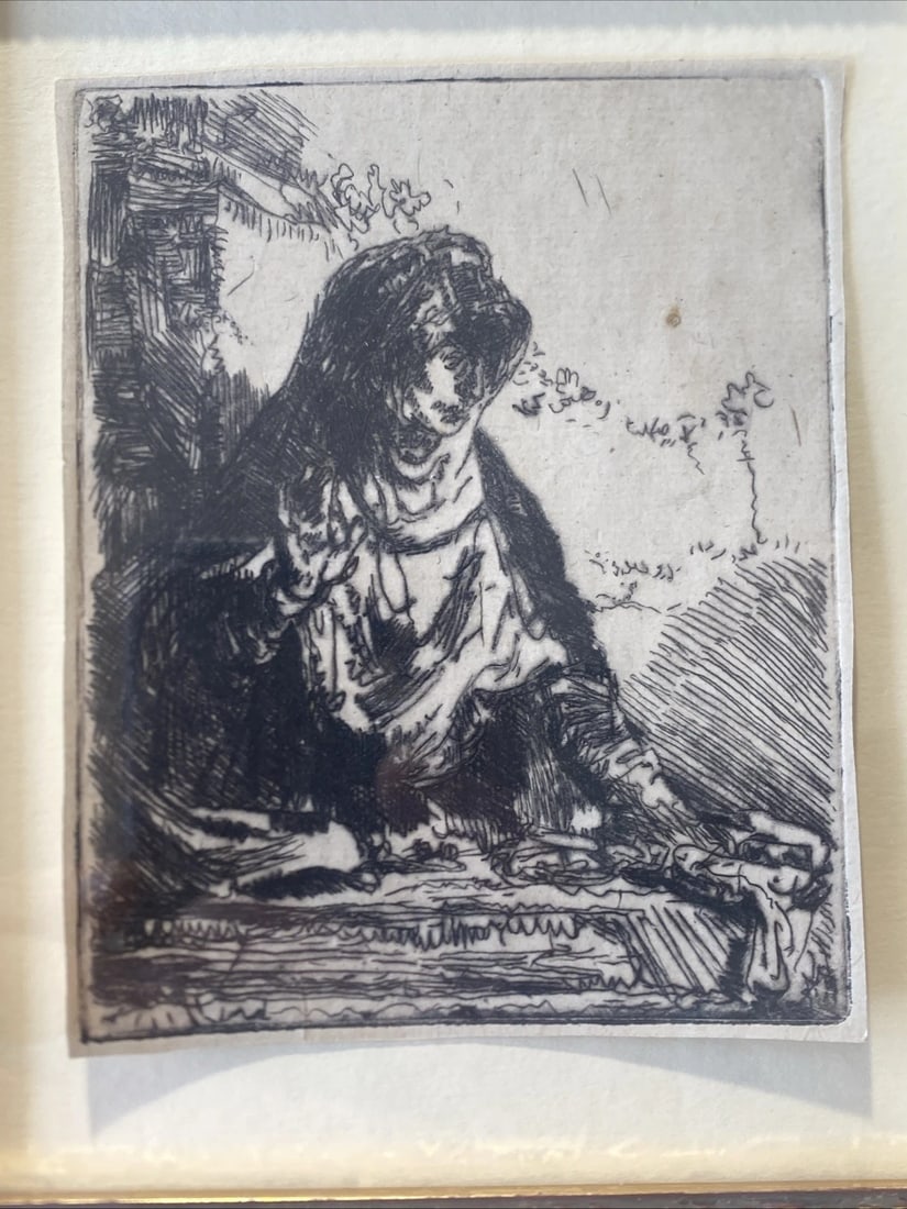 Rembrandt Etching The Virgin With The Instruments Of The Passion: Rembrandt Etching The Virgin With The Instruments Of The PassionOn handmade laid paper.. not sure if strike?Size is aprox 3 3/4” x 4 1/2”.With frame 13 1/2” x 15 1/2”...Excelle