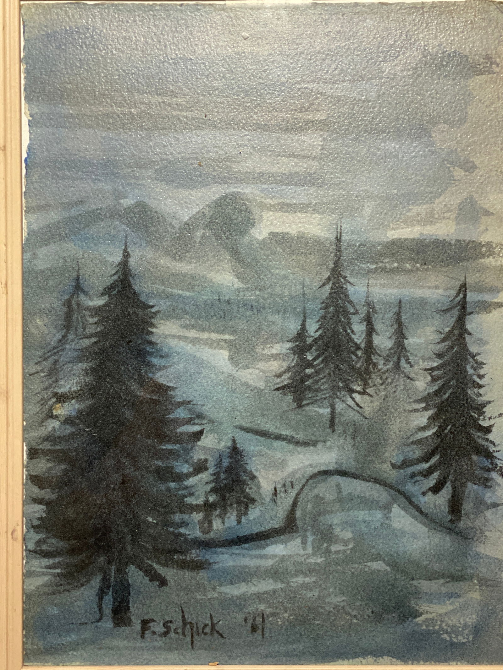 Watercolor signed F Schick 1961 Pine Trees: Watercolor signed F Schick 1961 Pine Trees.Size is 11” x 16”..