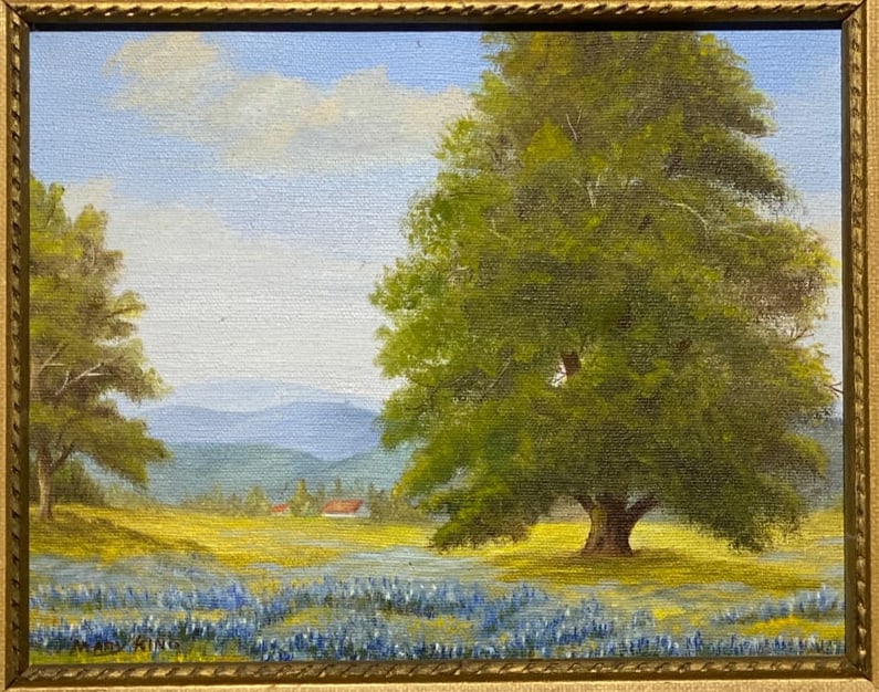 Small Texas Bluebonnet Oil painting signed Mary King: Small Texas Bluebonnet Oil painting signed Mary King..8 1/“ x 10 1/4”..With frame 12” x 14”..