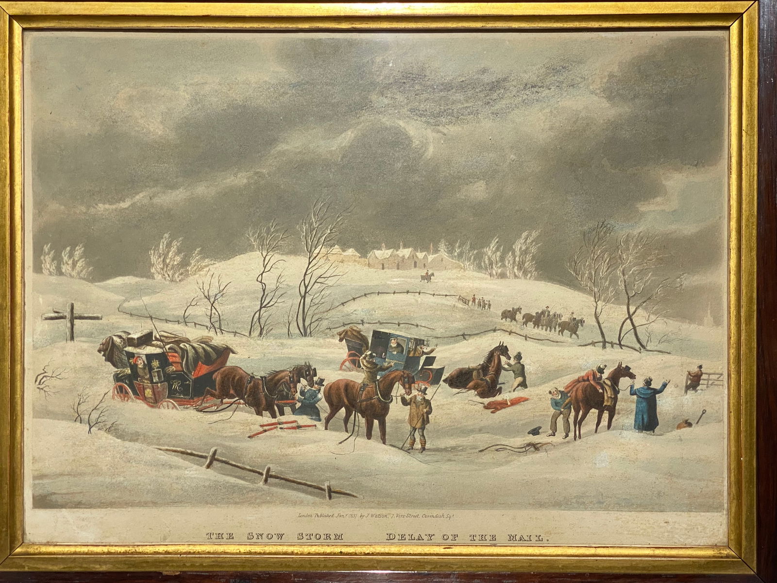 1837 Colored Lithograph titled The Snowstorm Delay of the Mail: 1837 Colored Lithograph titled The Snowstorm Delay of the Mail